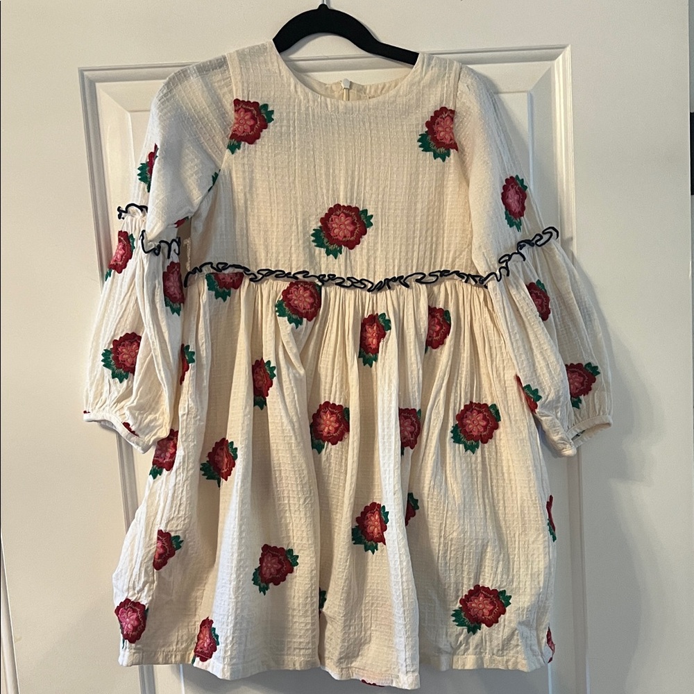 Pink Chicken Floral Kids Dress - Cream with Red Flowers
